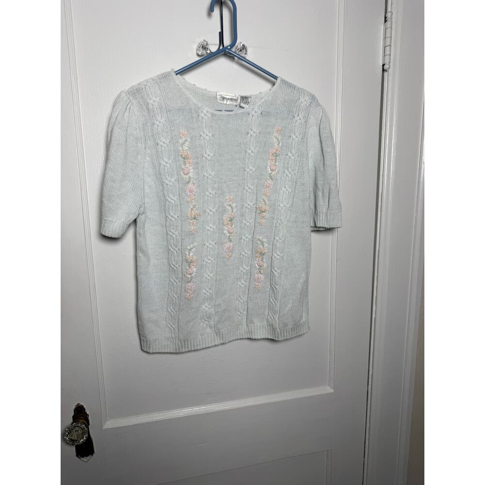 VTG Shenanigans White Short Sleeve Cable Knit Girly Rosette Coquette Sweater L - Picture 2 of 6